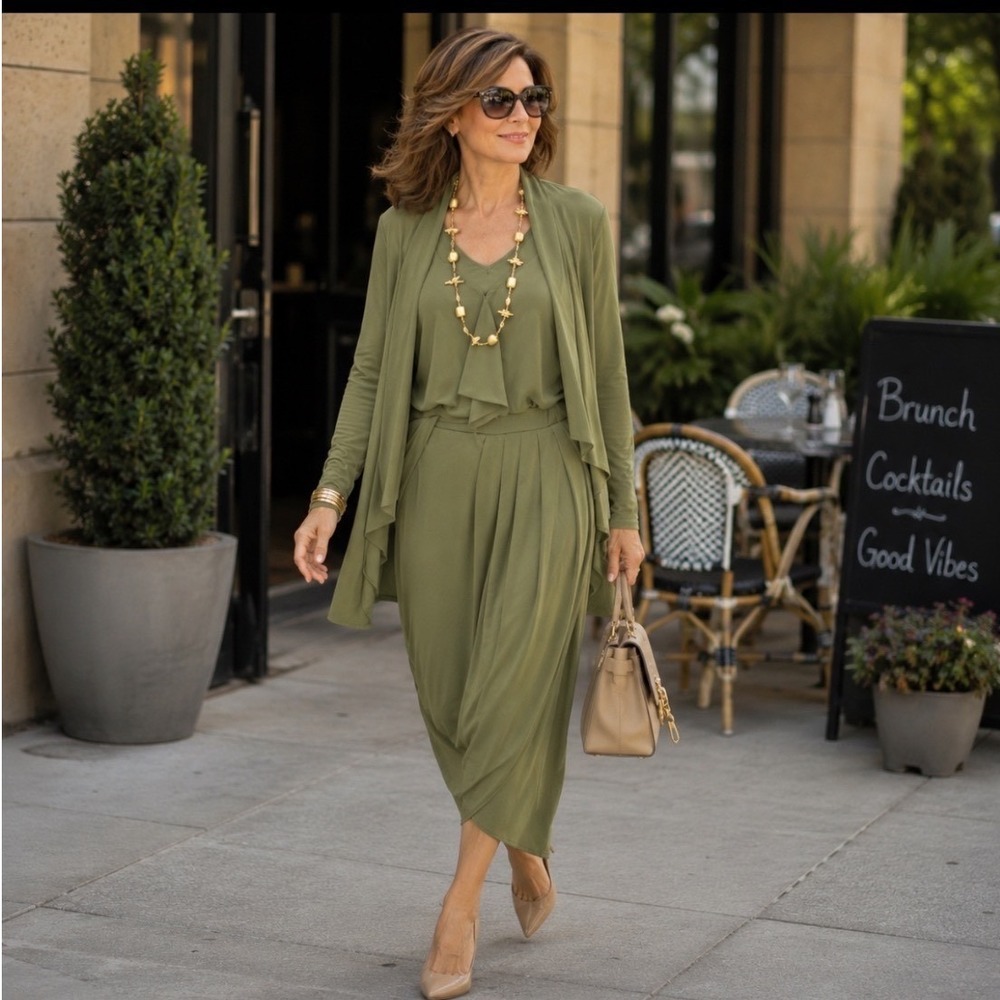 MarlaWynne 3 Pc Set Size Small Olive Green Drape Cardigan Stretch Midi